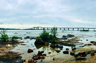 St. Marys River scenery in a foggy misty morning. View from the Canadian side of the river