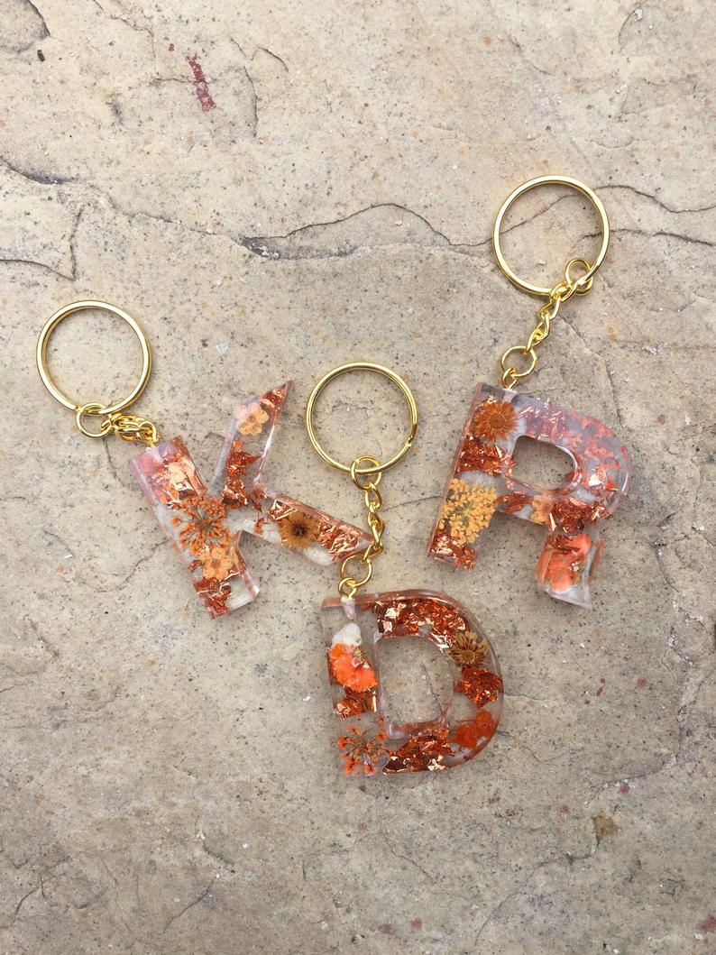 Thumbnail: Resin, Dried flowers, Pressed Flowers, Keyring, Keychain, rose gold - Orange