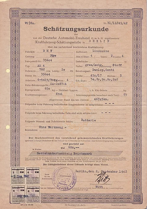 Schätzungsurkunde vehicle appraisal form