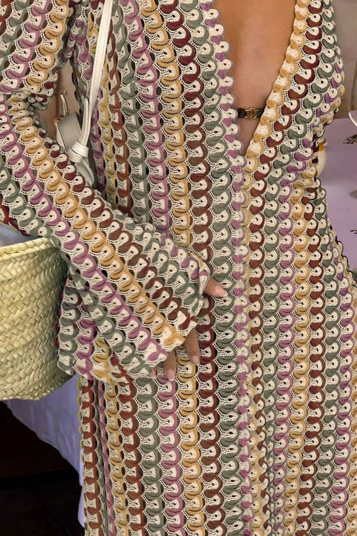 Thumbnail: Missoni Inspired Long Maxi Dress - Mixed Neutrals | Brown - on model