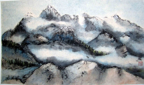Cloudy Peaks: Canadian Rockies
35 x 59 cm, 
Framed 53 x 77 cm
Chinese ink and watercolour
Until more recent times, mountains featured only as background in Western paintings; in China, however, very early on mountains in the mist were not only considered sufficient subject matter on their own, but one of the noblest subjects one could depict.
SOLD