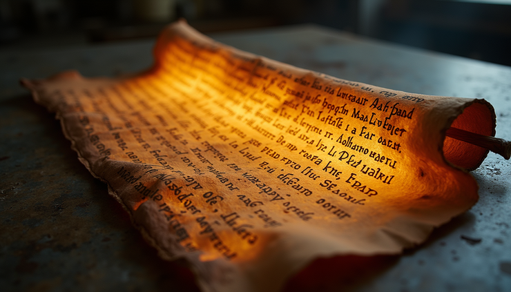 Vista laterale di un rotolo di papiro carbonizzato con lettere greche illuminate da un fascio di luce digitale in un laboratorio scientifico