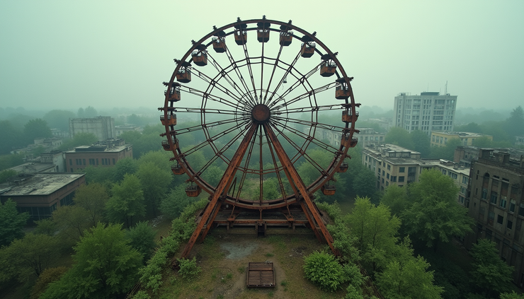 Vue en plongée d'une grande roue rouillée dominant une ville envahie par la végétation