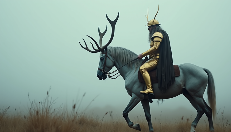 Vue latérale d’Odin en armure dorée chevauchant Sleipnir, le cheval gris à huit pattes, traversant un paysage brumeux et mystique