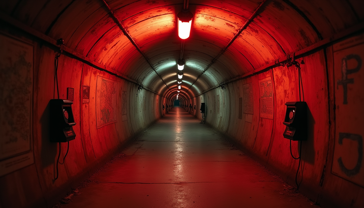 Widok na długi, okrągły tunel bunkra z rdzawego metalu, oświetlony słabym czerwonym światłem, z radzieckimi telefonami i mapami na ścianach