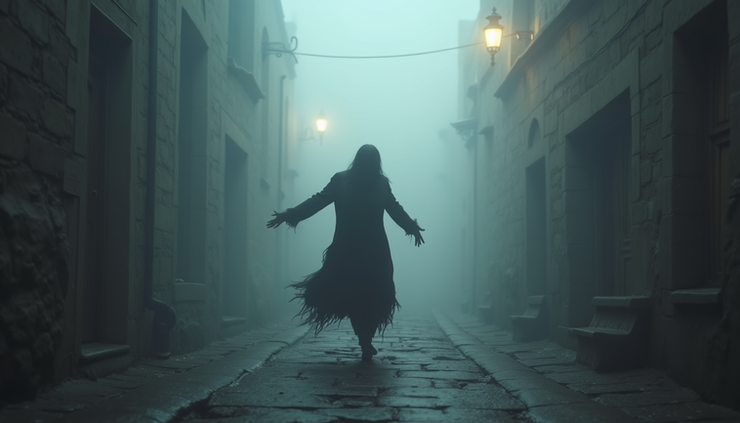 Eye-level view of a lone figure in ragged clothes dancing frantically in a foggy medieval street