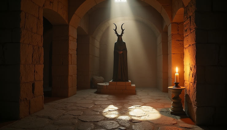Widok z góry na starożytną komnatę z tajemniczym posągiem Bafometa, oświetloną jedną świecą, z długimi cieniami na kamiennych ścianach