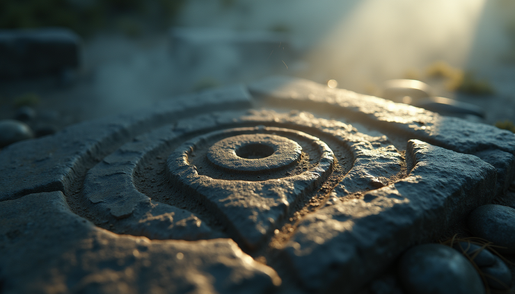 Bassorilievo antico con occhio dentro triangolo radiante, illuminato da luce mistica laterale