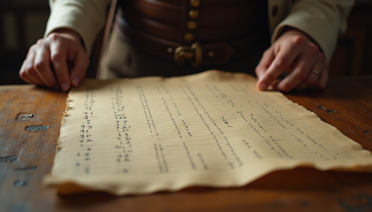 Vista a nivel de ojo de un escritorio colonial con pergaminos y códigos numéricos escritos a mano