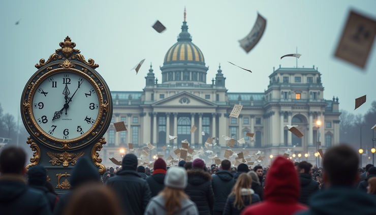 Widok z poziomu oczu na tłum przed Pałacem Zimowym w Piotrogrodzie z wielkimi zegarami i kartkami kalendarza unoszącymi się na mroźnym wietrze