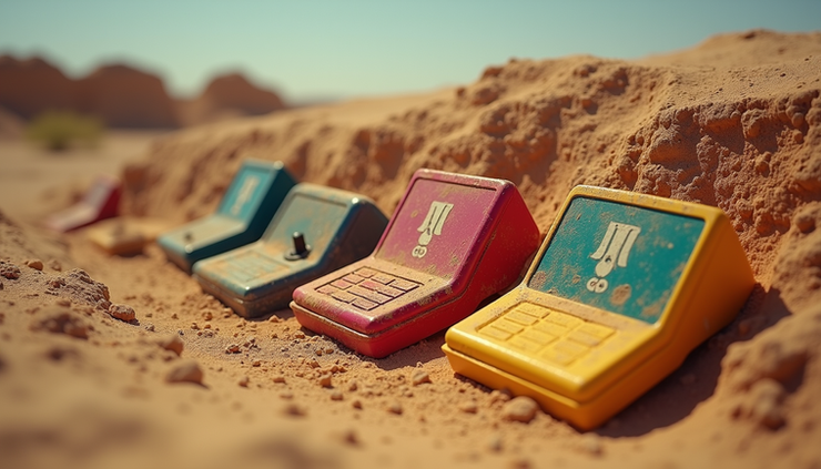 High angle view of desert excavation site with colorful Atari cartridges and dusty 80s joysticks emerging from the earth