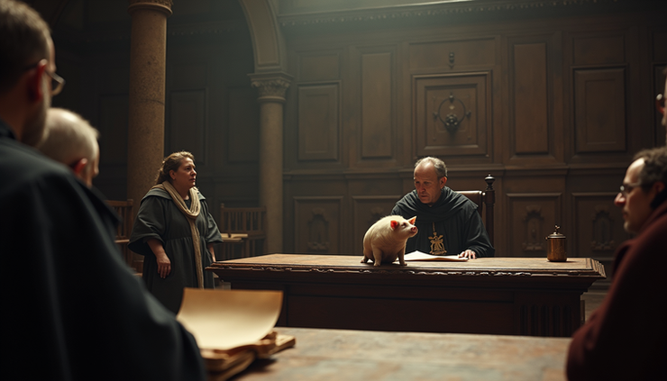 Vista a nivel de ojo de una sala de justicia medieval oscura y polvorienta con un cerdo en el banquillo de los acusados frente a un juez con túnica oscura y monjes escribiendo en pergaminos