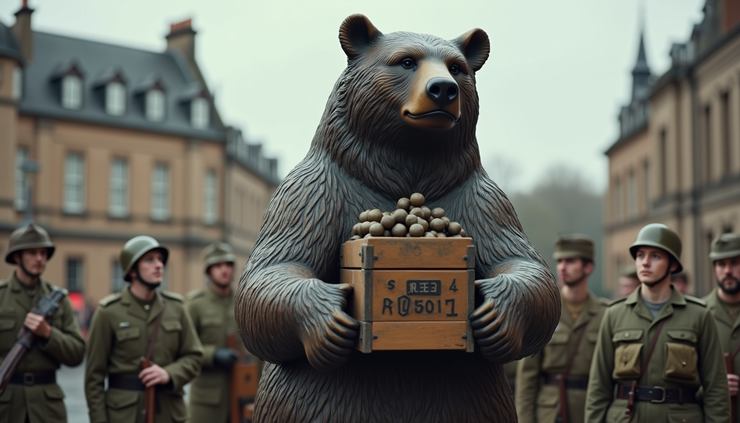 Statue von Wojtek in Edinburgh, die den Bären aufrecht mit einer Kiste Artilleriegeschossen zeigt, umgeben von polnischen Soldaten