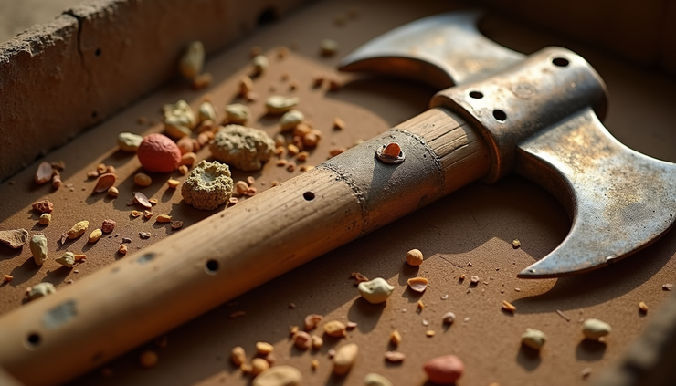 Vue rapprochée du matériel d’Ötzi, montrant la hache en cuivre et les herbes médicinales