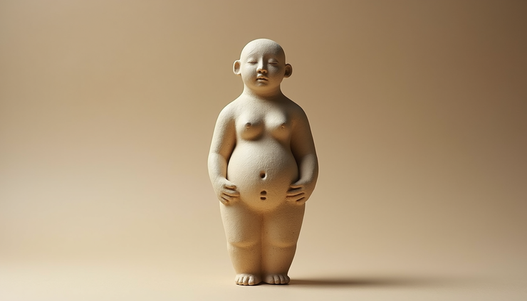 Vue de face de la statuette de la Vénus de Willendorf posée sur un fond neutre, mettant en valeur ses formes symboliques