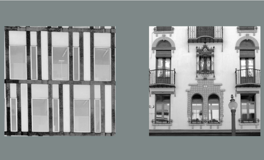 Fig. 6 Example stimuli from McAdams et al. (2025), comparing low-complexity (left) and high-complexity (right) building façades used in infant aesthetic preference studies. Infants consistently looked longer at façades with richer edges, symmetry, and ornamentation.