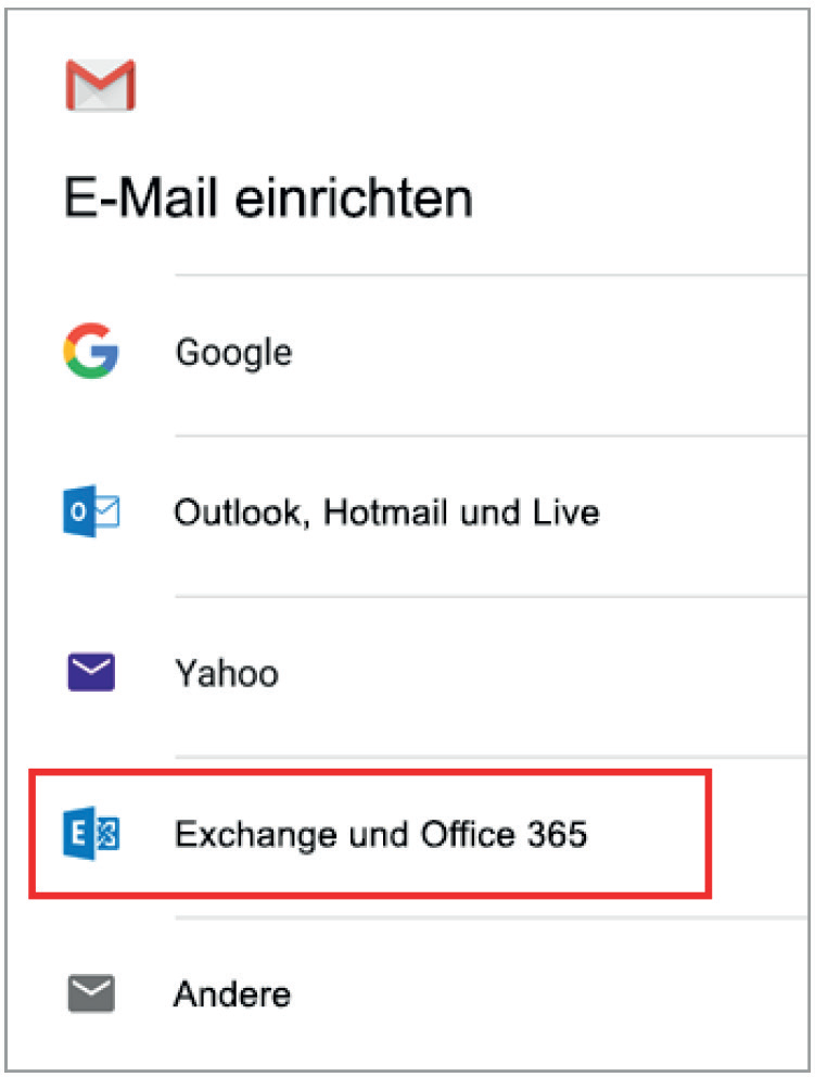 Gmail App, roter Kasten um Exchange und Office 365