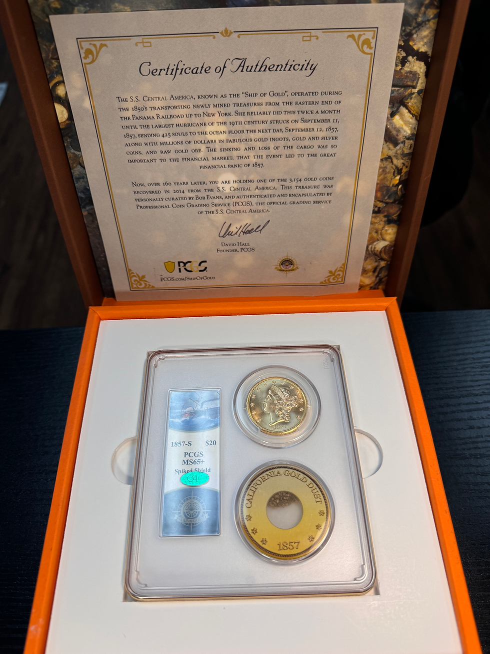 Thumbnail: 1857-S $20 Spiked Shield SSCA PCGS MS65+ CAC  Pinch o' Gold holder w/ box & COA
