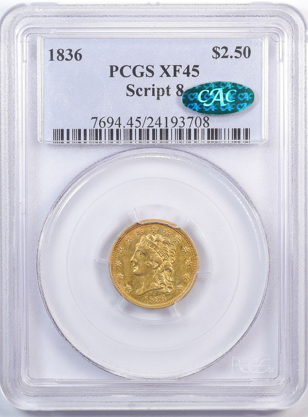Thumbnail: 1836 Classic Head $2.50 Script 8 PCGS XF45 CAC