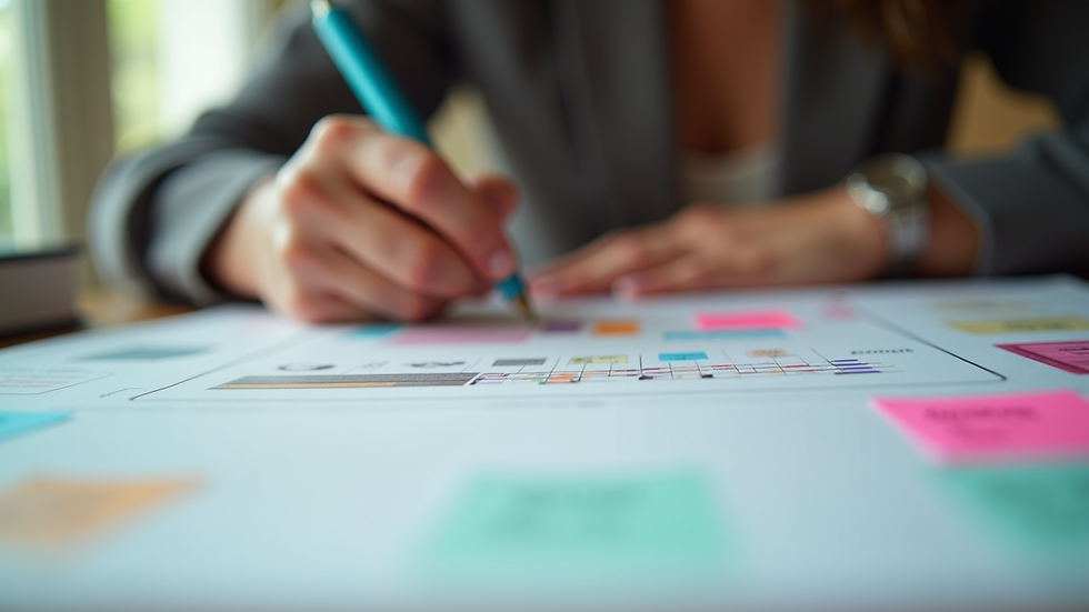 Close-up view of a woman entrepreneur working on branding strategy with colorful notes