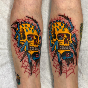 Pat Buck aka Pat Buck tha Kid is a Ottawa Ontario tattoo artist at Moniker Tattoo Parlour who focuses on weird tattoos, bright and bold tattoos, traditional tattoos, hand painted tattoo flash, spider skull tattoo
