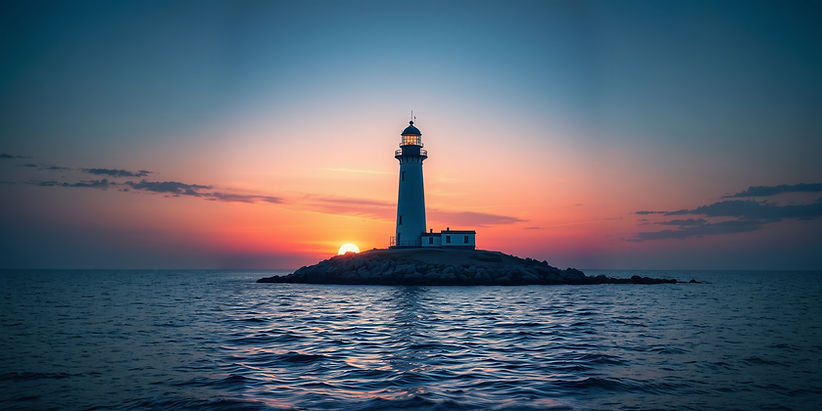can you create me a calming image of a lighthouse on land and calm sea and a sunrise in th