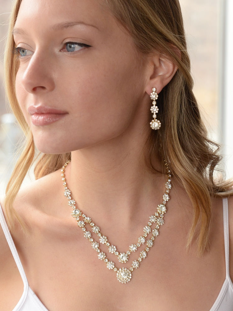 Thumbnail: Regal Two Row Rhinestone Necklace Set