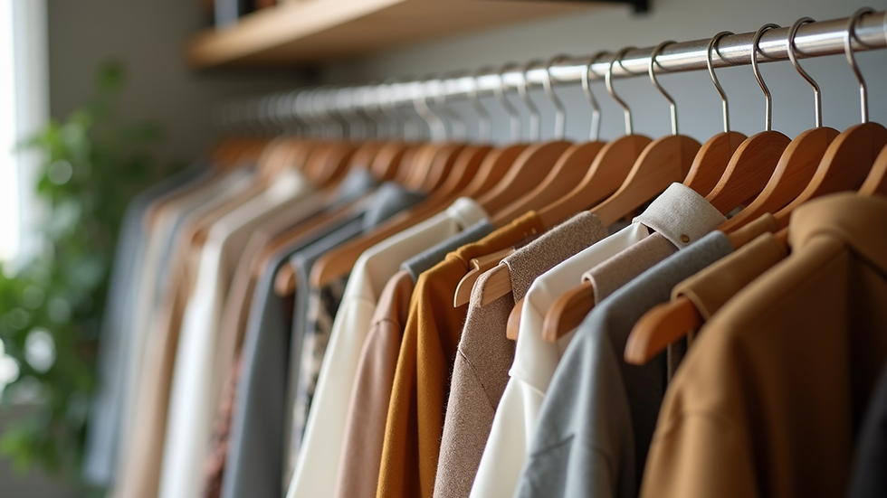 Eye-level view of a clothing rack displaying a collection of sustainable fashion pieces
