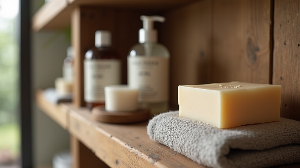 Eye-level view of a rustic bathroom shelf with handmade soap and natural skincare products