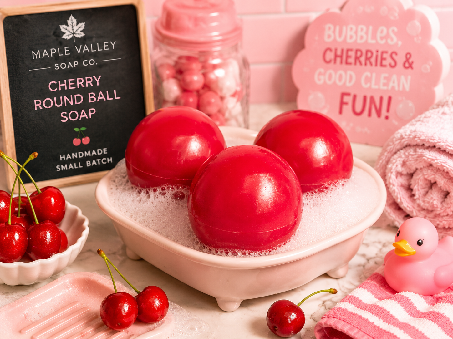 Bubble Pop Cherry Soap-Unique Round Shaped Soap-Moisturizing -Maple Valley Soap Co.