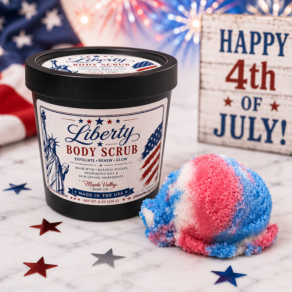 Liberty Scoopable Body Scrub featuring festive red, white, and blue layers in a clear jar, handcrafted by Maple Valley Soap C