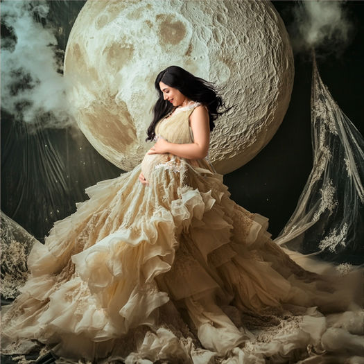 Imaginative AI-generated maternity portrait where digital art meets tradition — styled in studio and reimagined with surreal compositing, perfect for families in Austin.