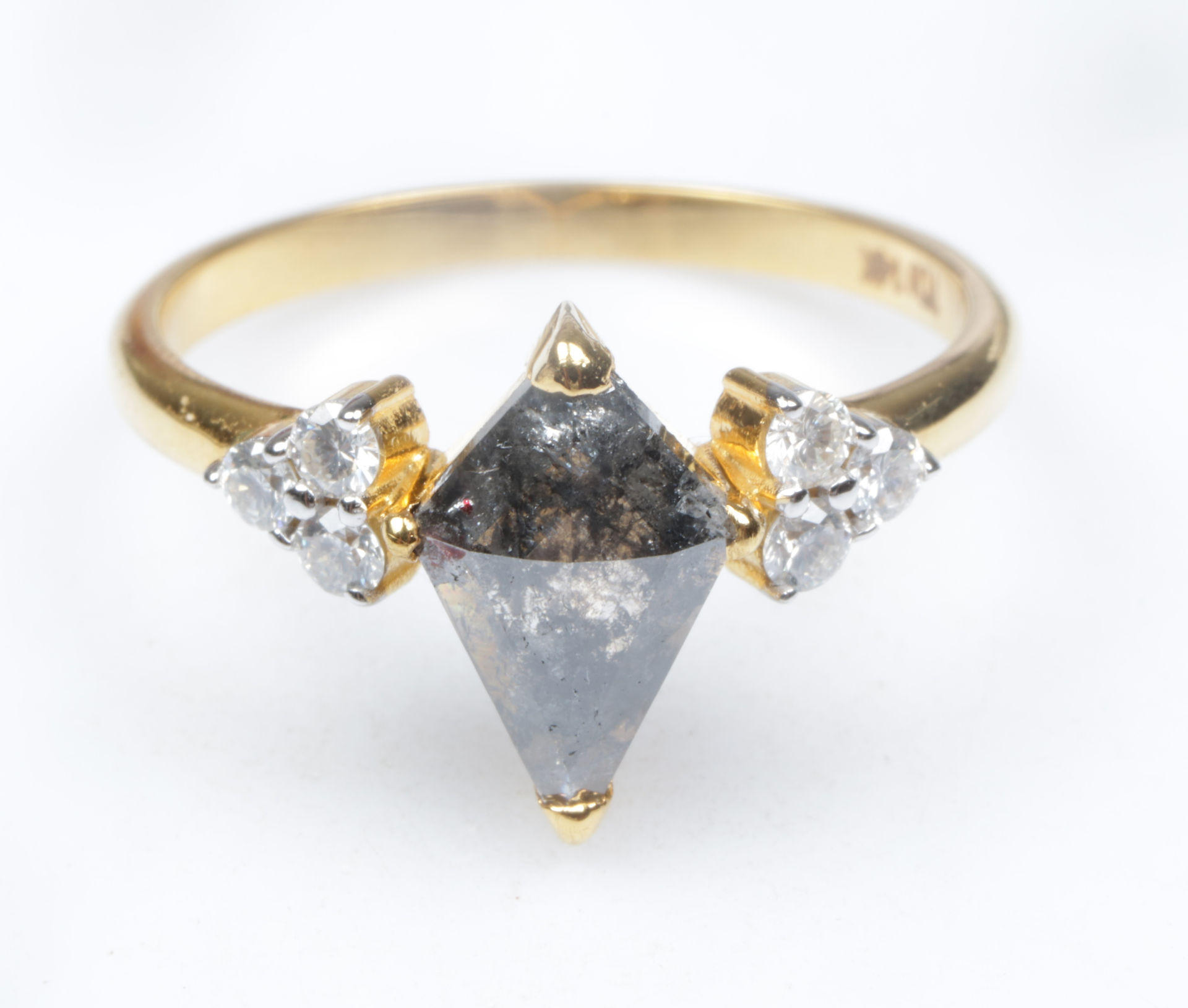 14K Yellow Gold, Three Stone Ring, Grey Salt and Pepper Kite Cut Diamond Ring