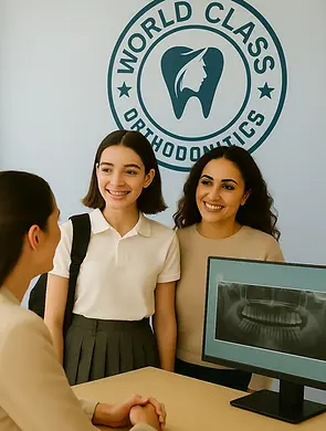 Teen and parent booking after‑school orthodontic appointment