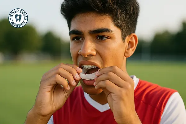 Teen athlete fitting a mouthguard over braces.