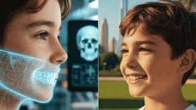 Pediatric orthodontic growth modulation planning in Dubai showing 3D facial architecture and happy child result