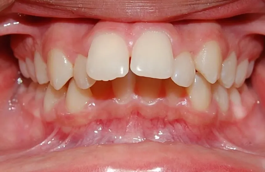 Close-up of a child with large overjet showing significant horizontal gap between upper and lower front teeth