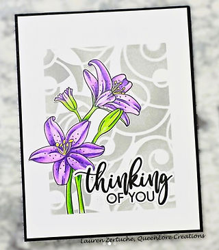 Greeting card featuring a duo of purple blooms on a gray patterned background with a thin black border