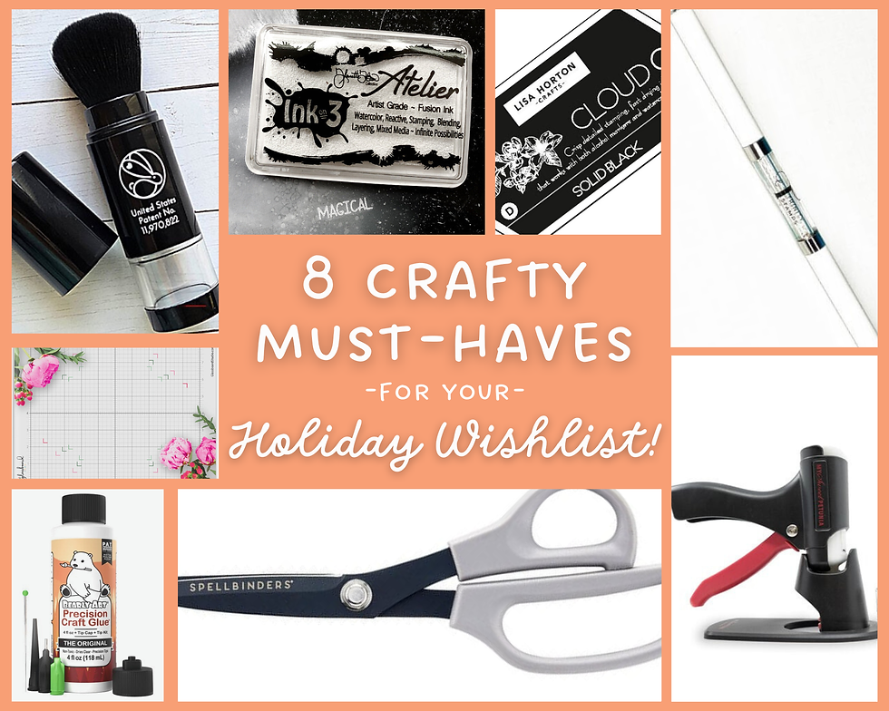 A collage of 8 crafty tools I recommend every crafter add to their holiday wishlist