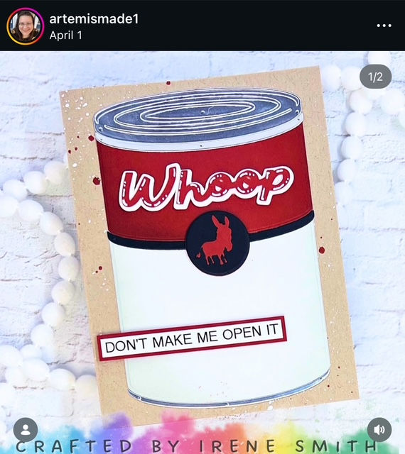 A card with a can design labeled Whoop and a donkey icon. Text says DON'T MAKE ME OPEN IT. Background has white bricks and pom-poms.