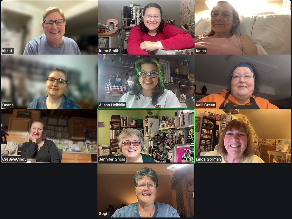 Group of crafters smiling into the camera on a Zoom call