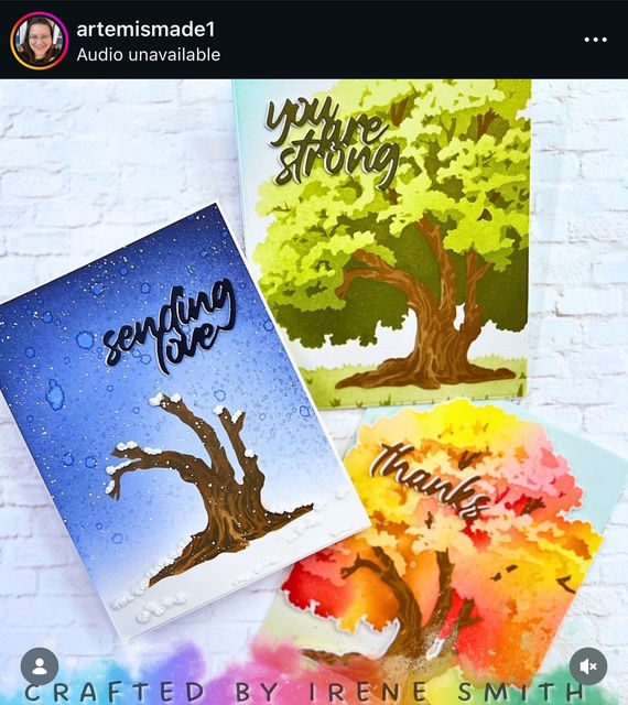 Three cards with stenciled trees: blue winter "sending love," green spring "you are strong," and autumn "thanks." Text at bottom: "Crafted by Irene Smith."
