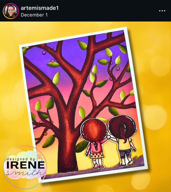 Two cartoon kids stand under a tree with green leaves against a sunset sky, in pink, purple, and orange hues. Text: "Designed by IRENE Smith."