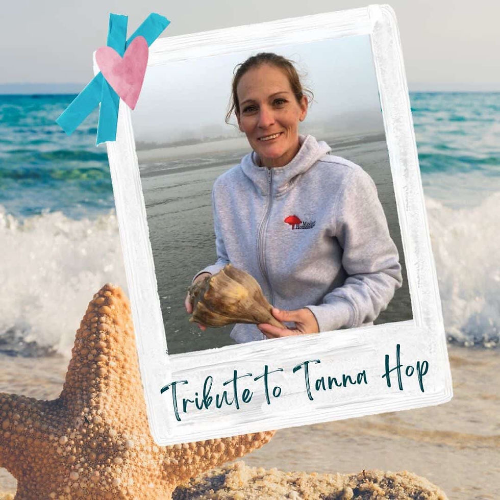 Memorial image of a woman at the beach, holding a shell