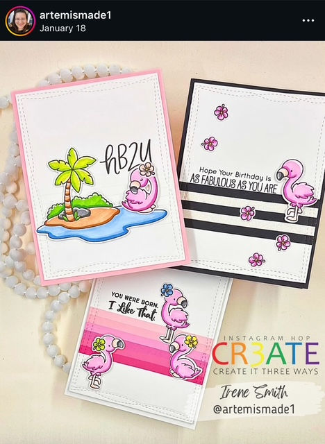 Three colorful cards with flamingos, palm trees, and happy birthday sentiments. Vibrant, playful designs on a soft background with a wonky stitched border.