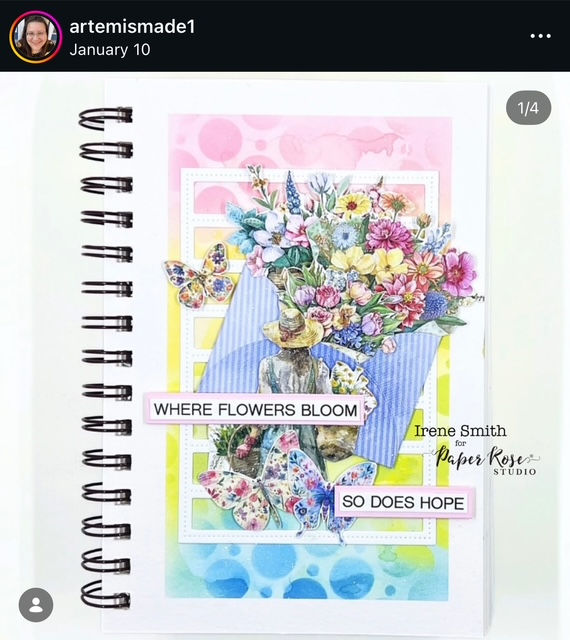 Notebook page with colorful floral bouquet, butterflies, and text "Where flowers bloom, so does hope." The background is pink and blue.