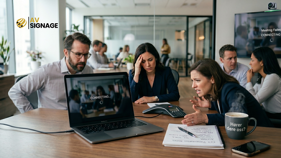 Kontormøte frustrasjon, folk rundt bordet ser på laptop med tilkoblingsfeil. Krus med "Hører dere oss?" ved siden av notater.