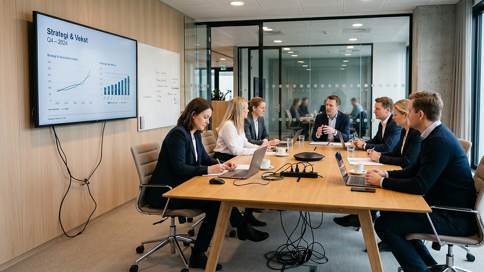 Et typisk møterom med 7 personer. Synlige kabler under skjerm og under møtebord. Skjermen viser strategi og vekst. Whiteboard er skrevet på.