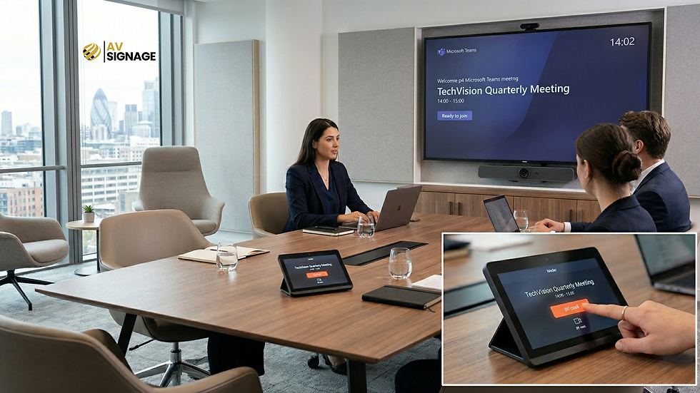 Personer i møterom med bærbare PC-er. Storskjerm viser "TechVision Quarterly Meeting". Lyse møbler, byutsikt i bakgrunnen. AV Signage-logo.