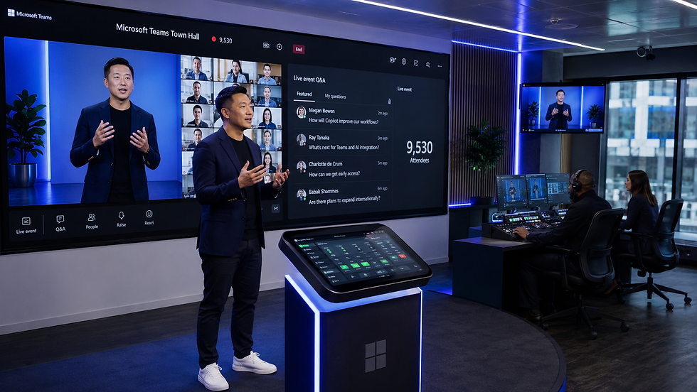 Presentatør styrer en Microsoft Teams Town Hall-sending
direkte fra møterommet med flerkameravisning, grønt rom
og scenetilgang via Teams Rooms-konsollet.